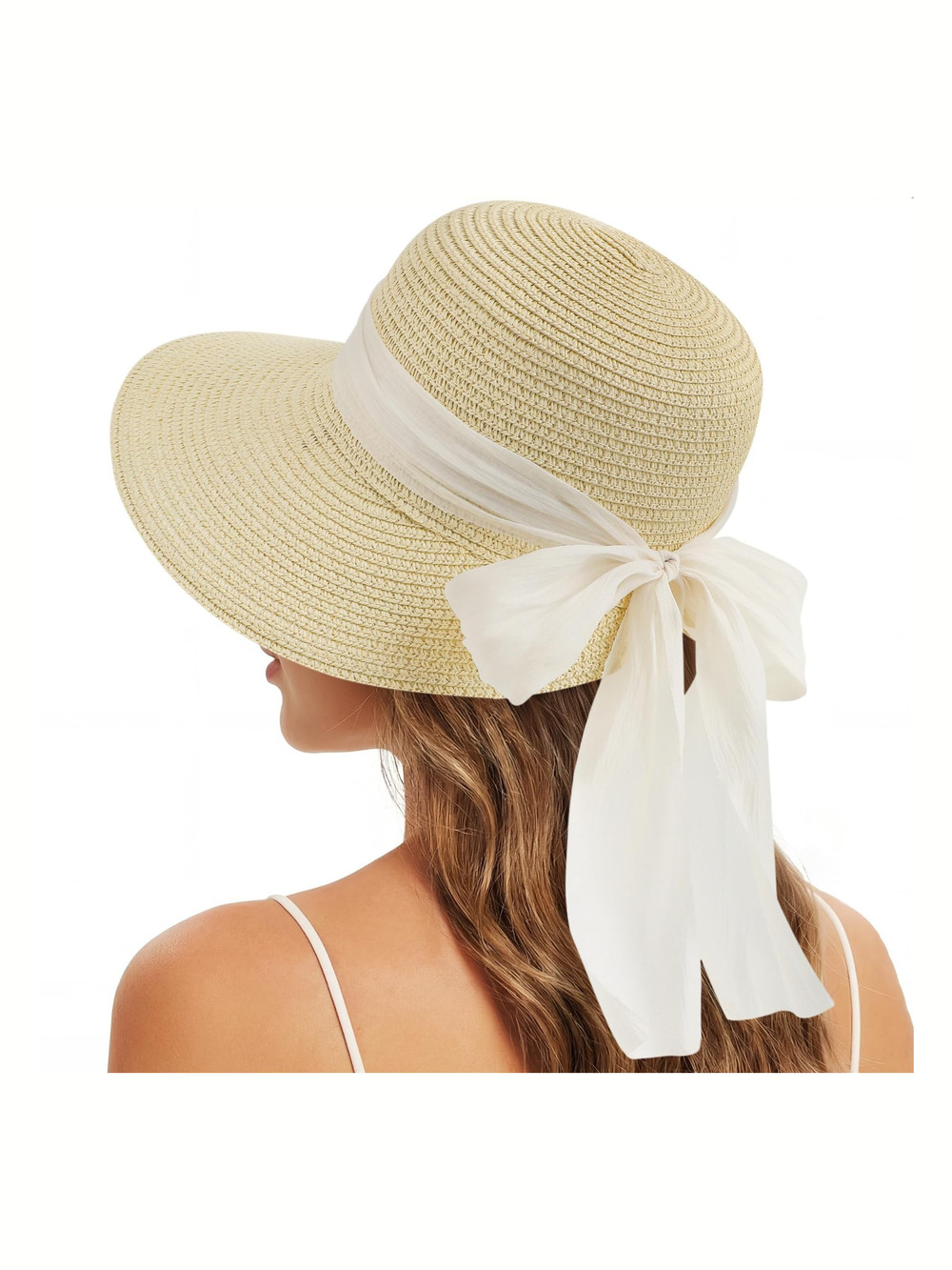 Sun Hats for Women, Straw Beach Hat UV Sun | Khaki With Beige Ribbon | Size OS
